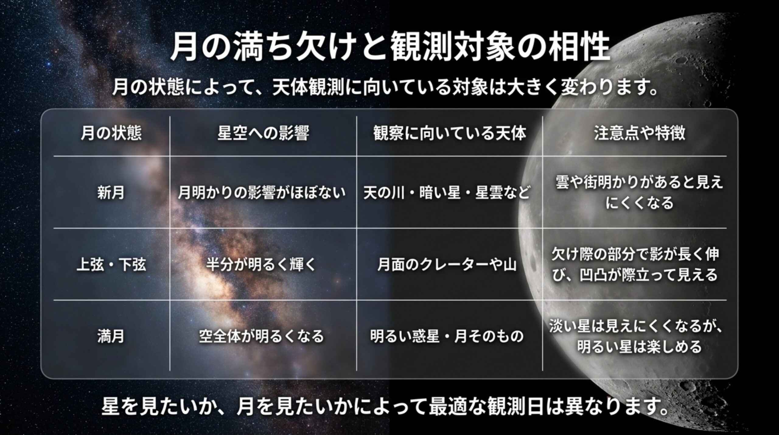 新月・上弦と下弦・満月それぞれの星空への影響と観察に向く天体を表にまとめたスライド