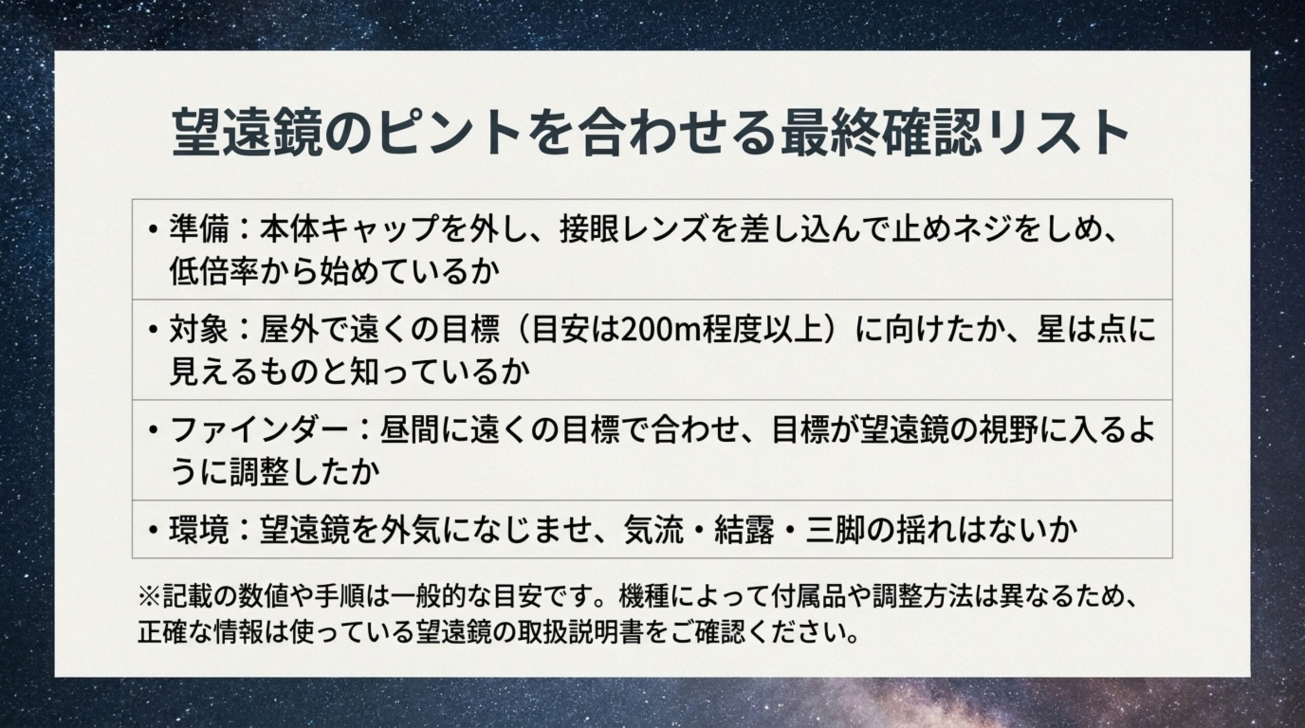 準備・対象・ファインダー・環境の4項目で望遠鏡のピント合わせを確かめる確認リストのスライド