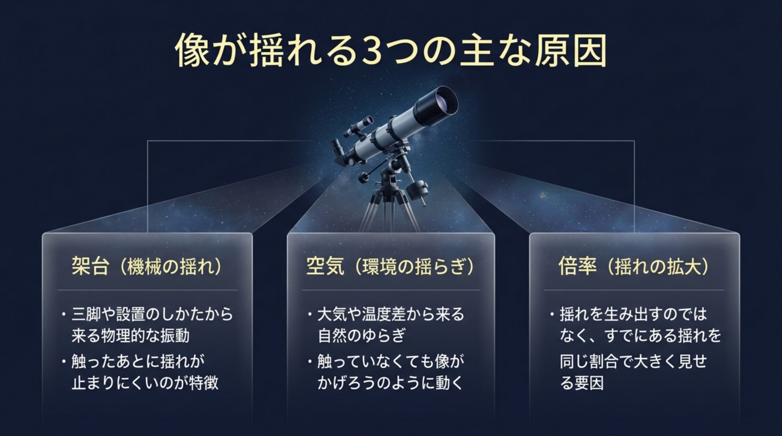 像の揺れに関わる架台(機械の揺れ)・空気(環境の揺らぎ)・倍率(揺れの拡大)の3つを並べて説明したスライド
