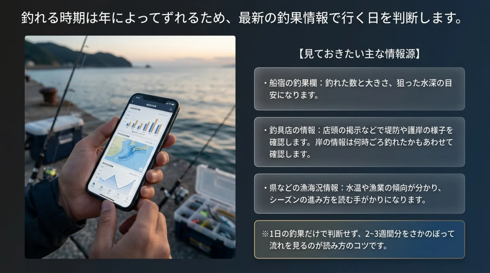 船宿の釣果欄、釣具店の情報、県などの漁海況情報の3つの情報源と、2〜3週間分の流れを見るコツをまとめたスライド