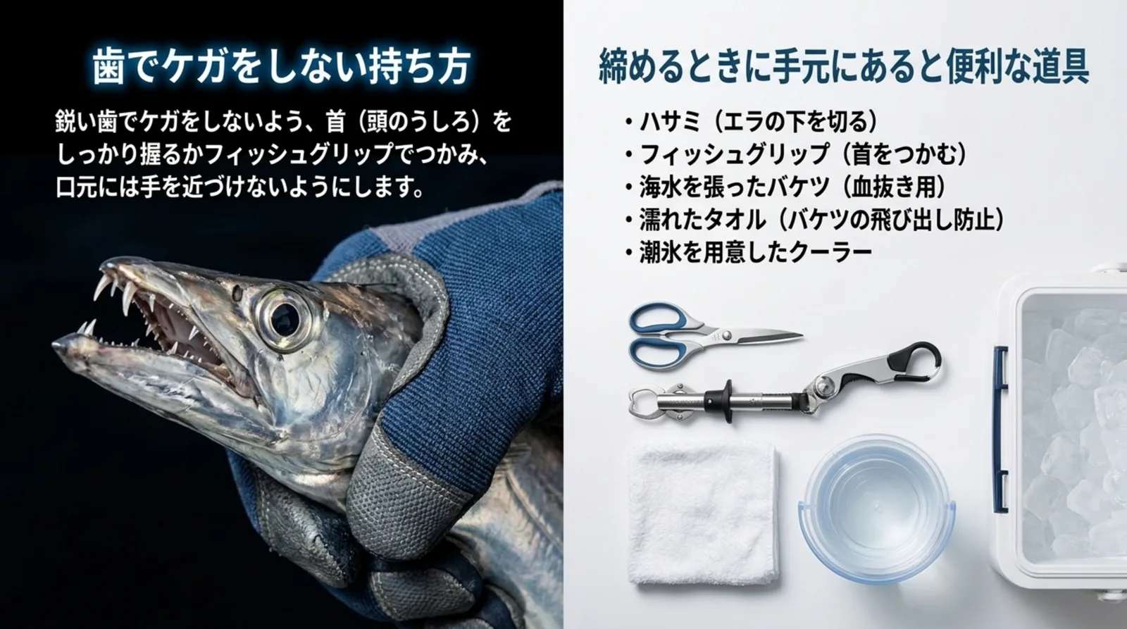 太刀魚の首を握る持ち方の写真と、ハサミ・フィッシュグリップ・バケツ・濡れタオル・潮氷のクーラーを並べたスライド
