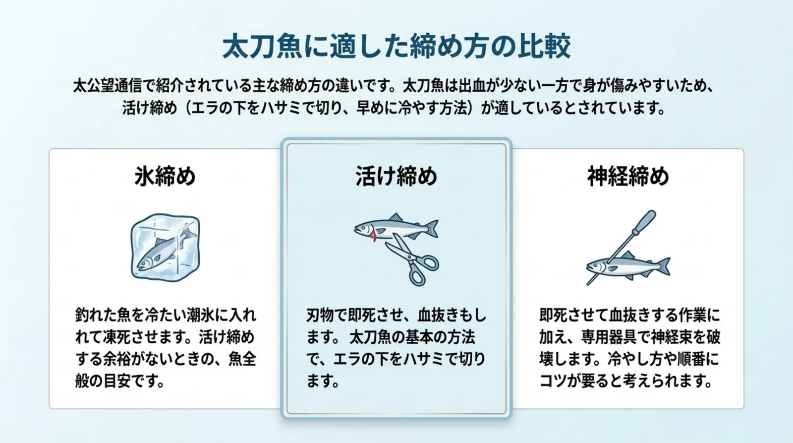 氷締め・活け締め・神経締めの3つのやり方と、太刀魚ではエラの下を切る活け締めが基本であることを比べたスライド