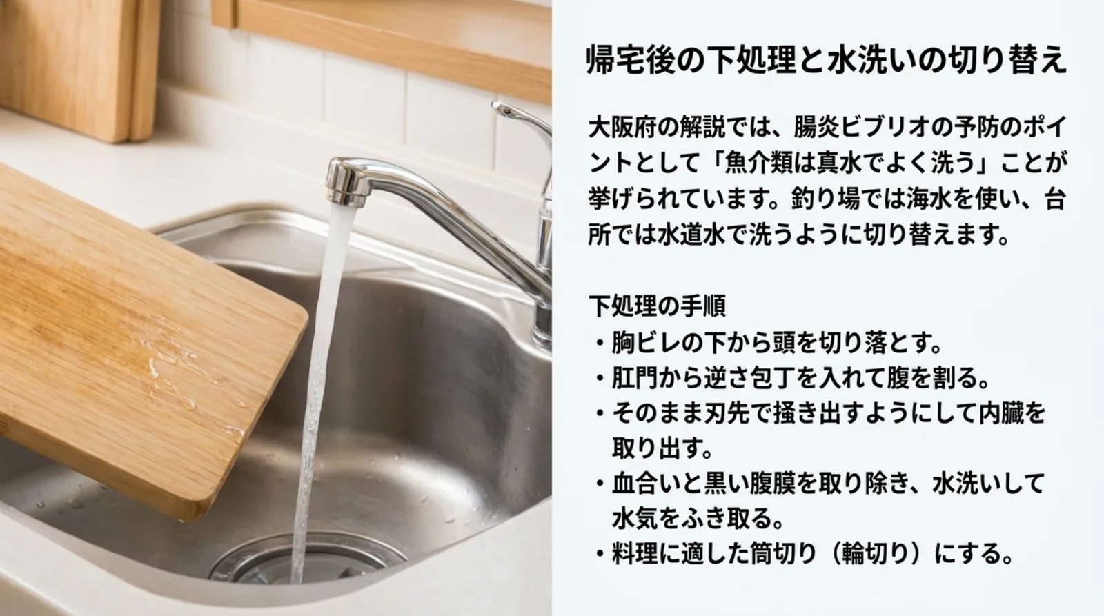 台所の流し台の写真と、頭を落とす・内臓を出す・腹膜を取る・筒切りにするという下処理の手順を並べたスライド