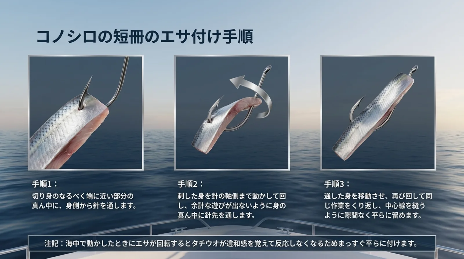 コノシロの切り身に針を通し、回して中心線を縫うように平らに留めるまでの3つの手順を写真で示したスライド