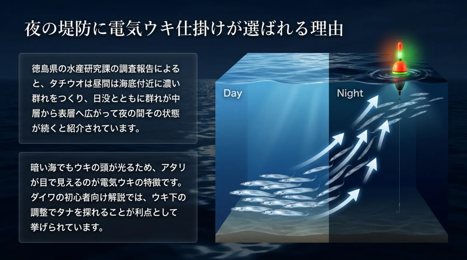 タチウオの群れが昼は海底付近にいて日没後に中層から表層へ広がる様子と、電気ウキの利点をまとめたスライド