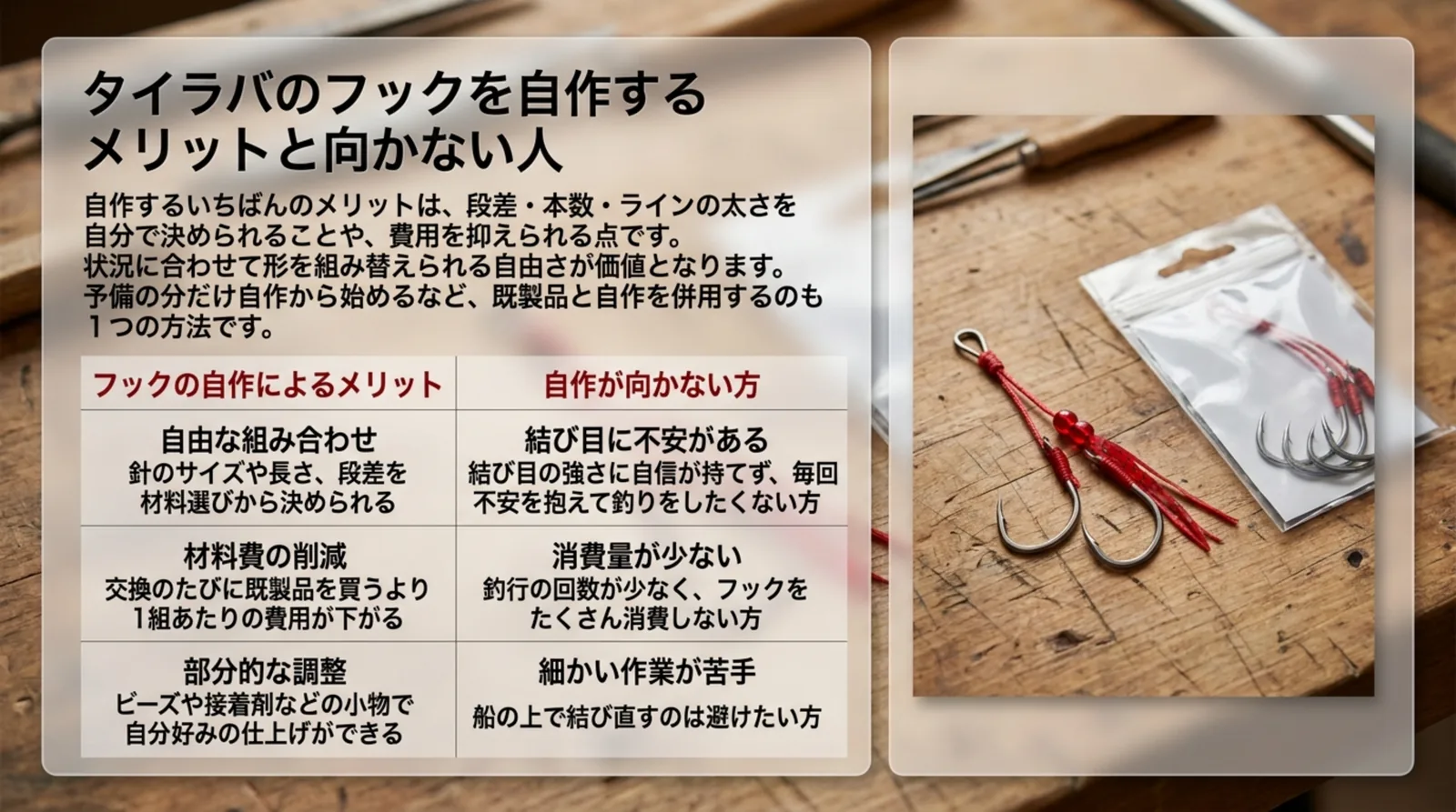 フックの自作のメリット（組み合わせ・材料費・仕上げ）と、自作が向かない人の特徴を並べた表のスライド