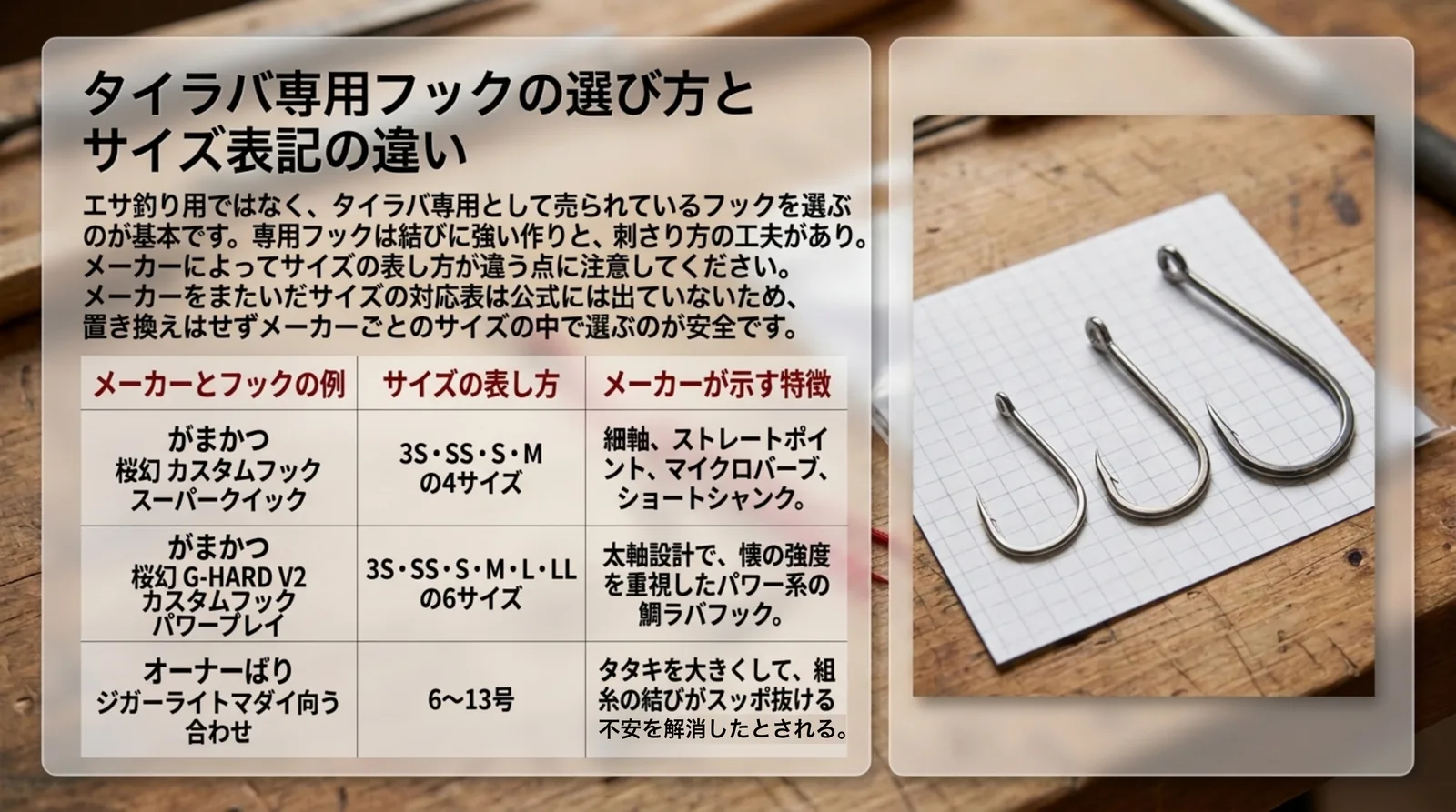 がまかつのスーパークイックとパワープレイ、オーナーばりのジガーライトマダイ向う合わせのサイズの表し方と特徴を比べた表のスライド