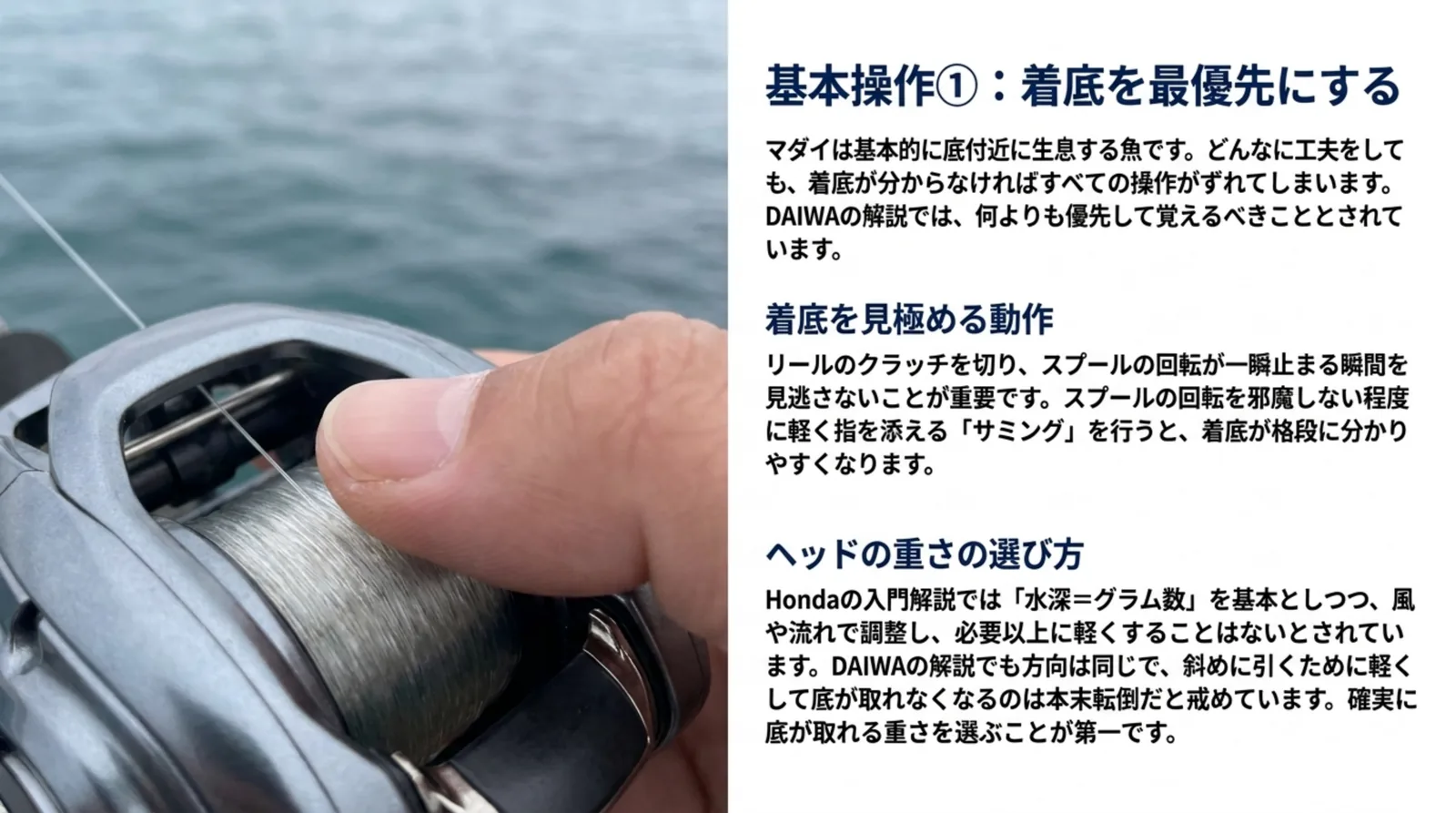 ベイトリールのスプールに親指を添えてサミングする写真と、着底の見極め方・水深=グラム数を基本にしたヘッドの重さの選び方の解説