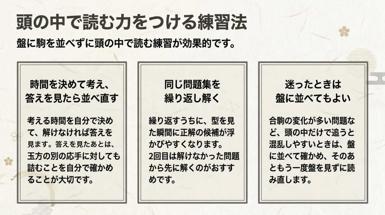 時間を決めて考え答えを見たら並べ直す、同じ問題集を繰り返し解く、迷ったときは盤に並べてもよい、の3つの練習法をまとめたスライド